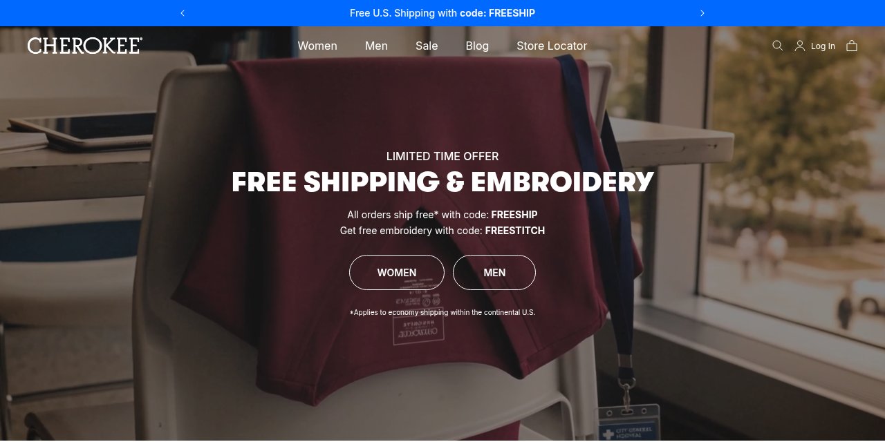Cherokee Uniforms homepage with a maroon scrub top hanging on a chair