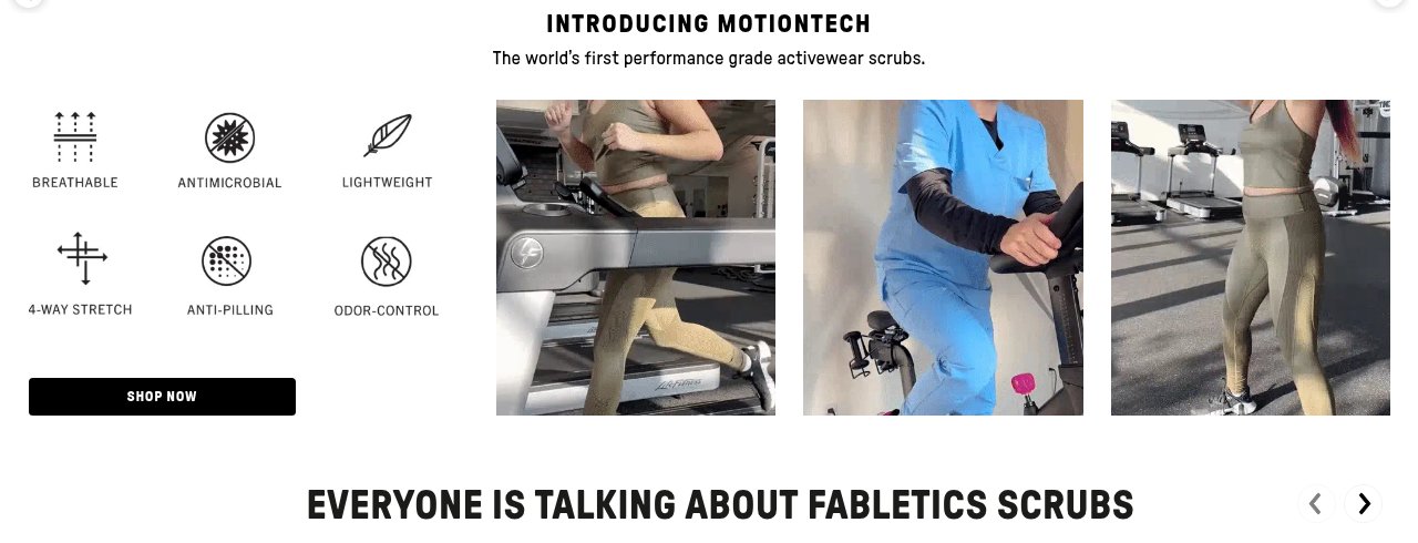 Fabletics scrubs page introducing MotionTech fabric: breathable, antimicrobial, lightweight, 4-way stretch, anti-pilling and odor-control