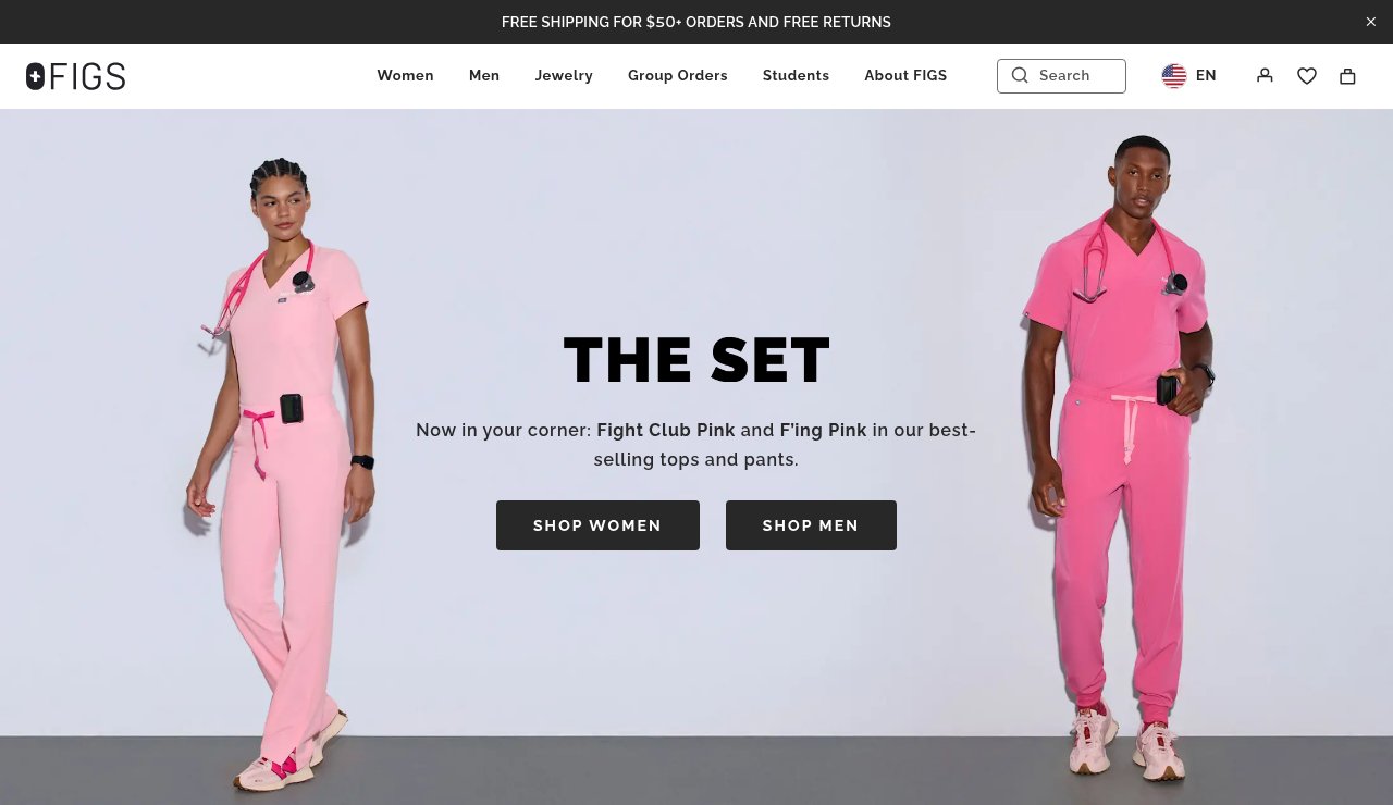 FIGS homepage showing two nurses in pink scrub sets