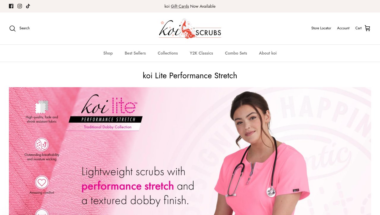 Koi Lite Performance Stretch scrubs page on the koi website